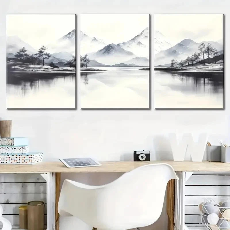 3pcs Black and White Mountain Lake Nature Metal Print Ready to Hang Art