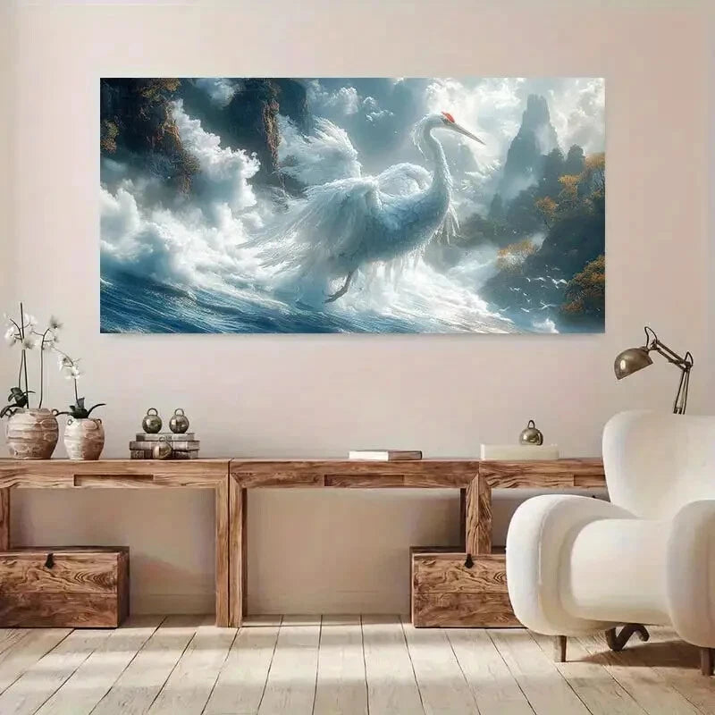 Majestic White Crane Sky wall canvas office home room framed 120x60cm - Bella Home Decor