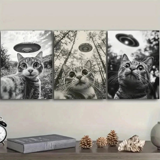 3pcs Cat Capturing a Selfie with a UFO Wall Art Set Canvas Framed 40x60cm - High Quality Print 100% Australian Made Wall Canvas Ready to Hang
