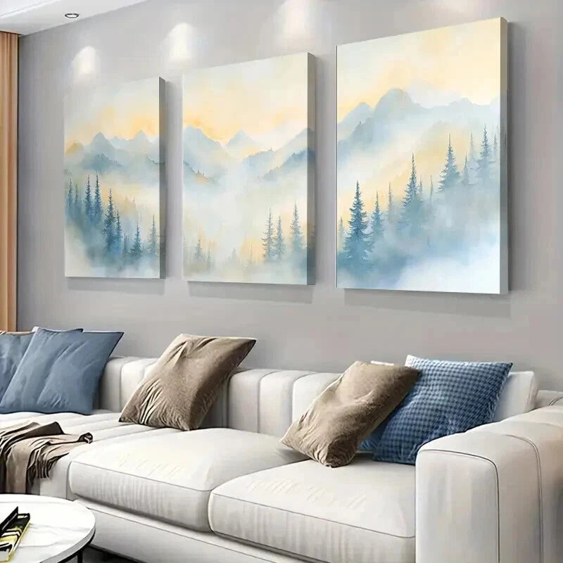 3pcs Misty Mountain Forest Sunrise Wall Art Set Canvas Framed 40x60cm - High Quality Print 100% Australian Made Wall Canvas Ready to Hang