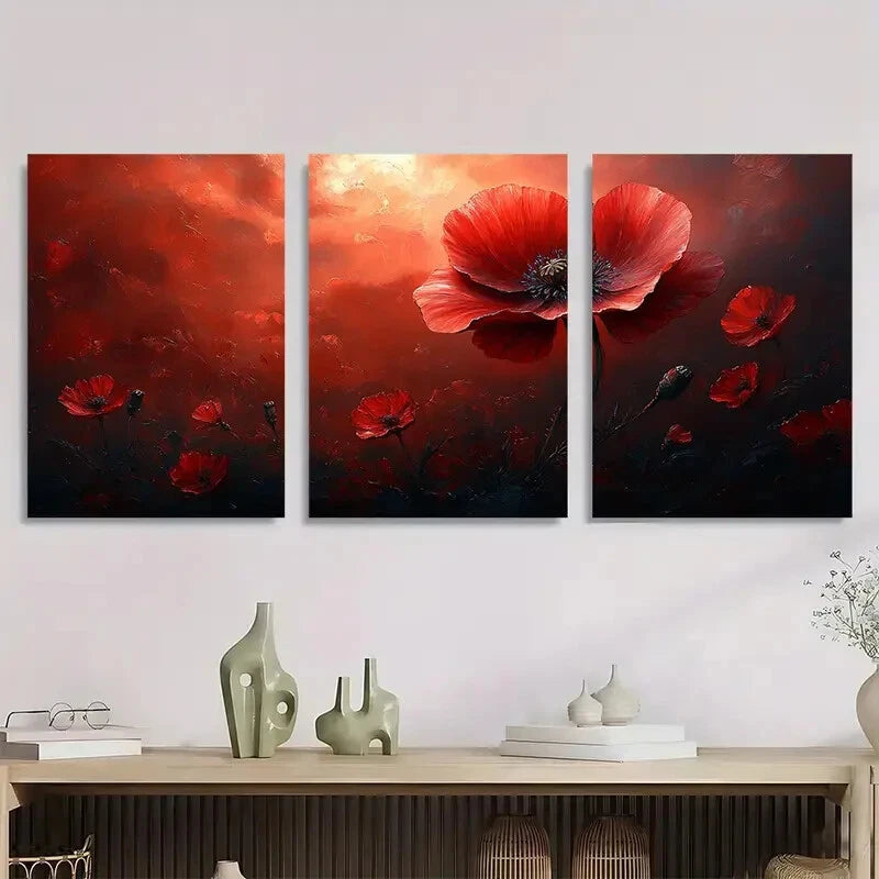 3pcs Vibrant Red Poppy Nature Modern Metal Print Ready to Hang Art