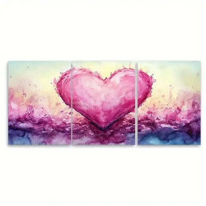 3pcs Romantic Pink Ribbon Heart Watercolor Wall Art Set Canvas Framed 40x60cm - High Quality Print 100% Australian Made Wall Canvas Ready to Hang