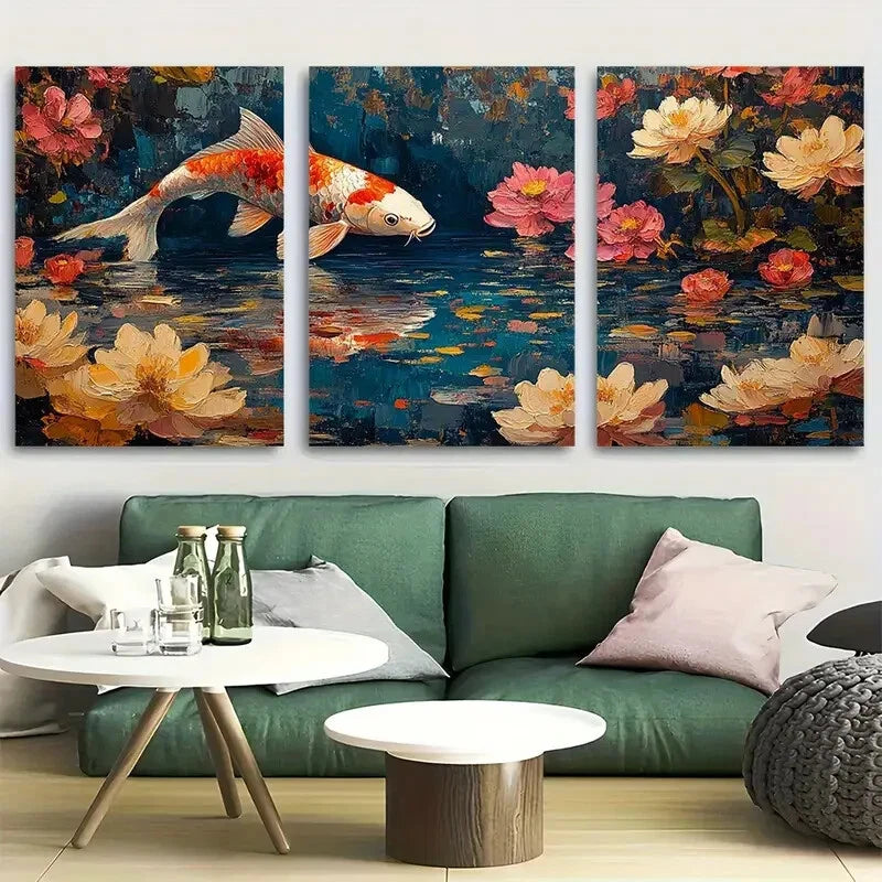 3pcs Koi Fish Painting Pink and Orange Florals Metal Print Ready to Hang Art