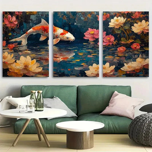 3pcs Koi Fish Painting Pink and Orange Florals Metal Print Ready to Hang Art