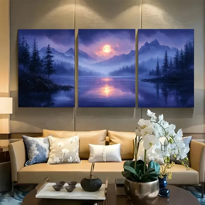 3pcs Purple Blue Nature and Moonlit Scenery Metal Print Ready to Hang Art