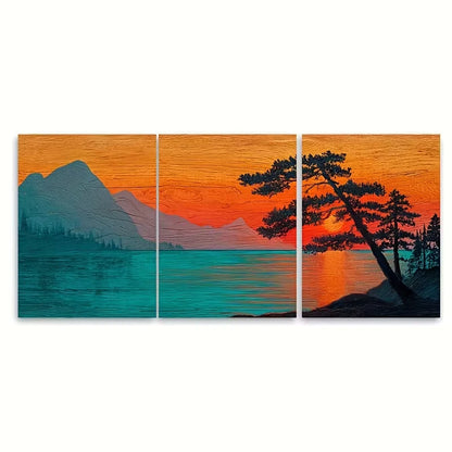 3pcs Sunset Mountain & Ocean Scenery with Trees Metal Print Ready to Hang Art
