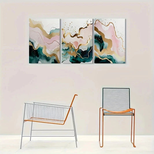 3pcs Abstract Watercolor Golden Accents Metal Print Ready to Hang Art