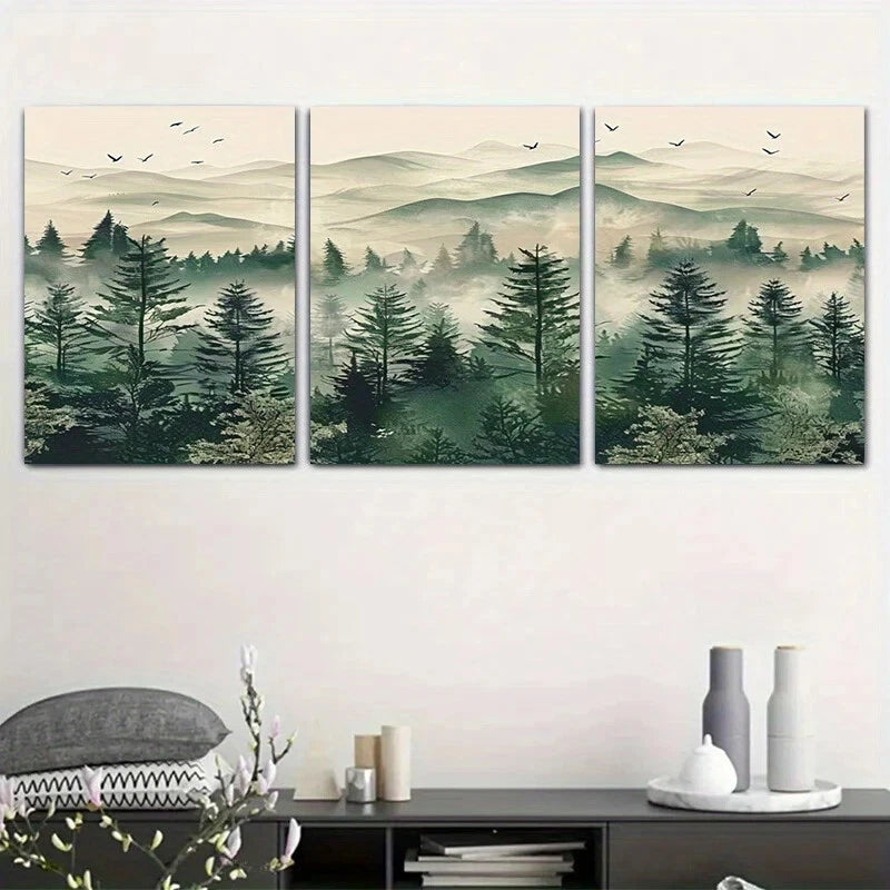 3pcs Tranquil Mountain Serene Pine Trees & Misty Metal Print Ready to Hang Art