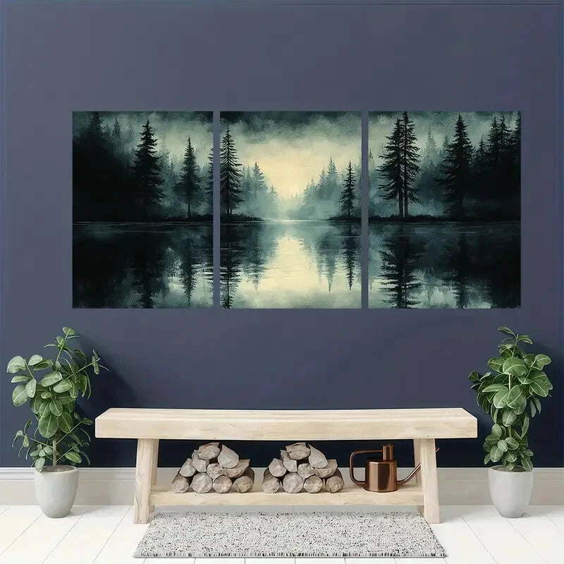 3pcs Abstract Vintage Sketch Forest Landscape Metal Print Ready to Hang Art