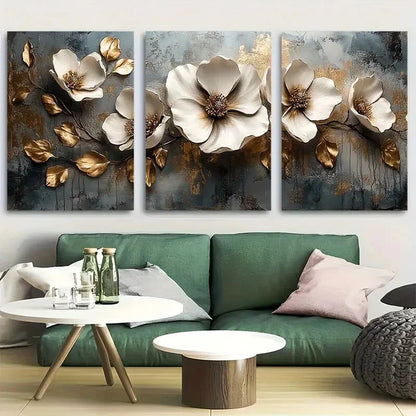 3pcs Modern Golden and White Flower Metal Print Ready to Hang Art