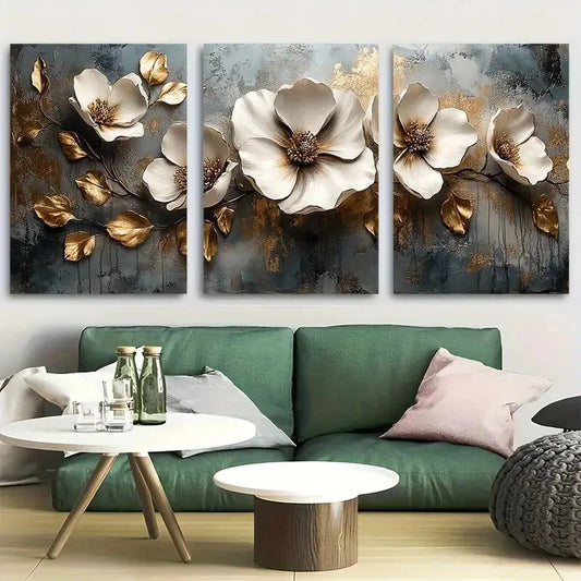 3pcs Modern Golden and White Flower Metal Print Ready to Hang Art