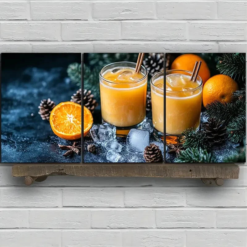 3pcs Pinecone And Orange Juice Fruits Metal Print Ready to Hang Art