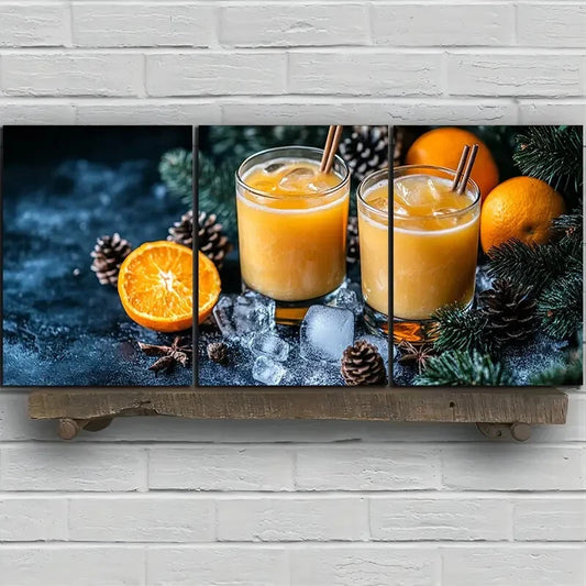 3pcs Pinecone And Orange Juice Fruits Metal Print Ready to Hang Art