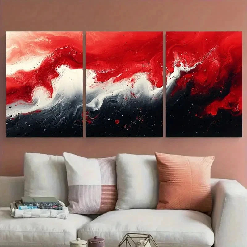 3pcs Elegant Red and White Fluid Abstract Wall Art Set Canvas Framed 60x90cm - High Quality Print 100% Australian Made Wall Canvas Ready to Hang