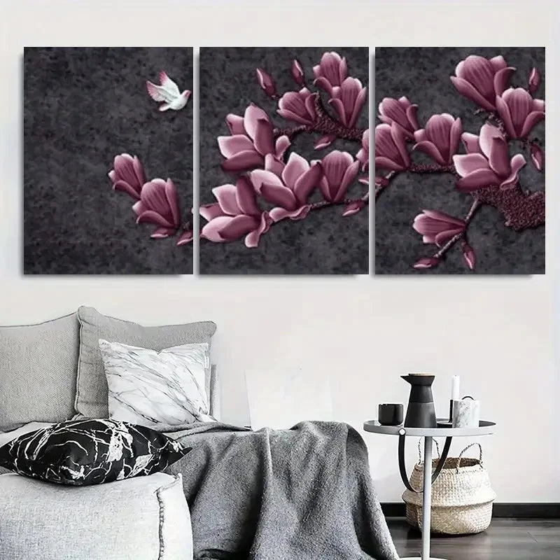3pcs Purple Magnolia Blossom Botanical Floral Metal Print Ready to Hang Art