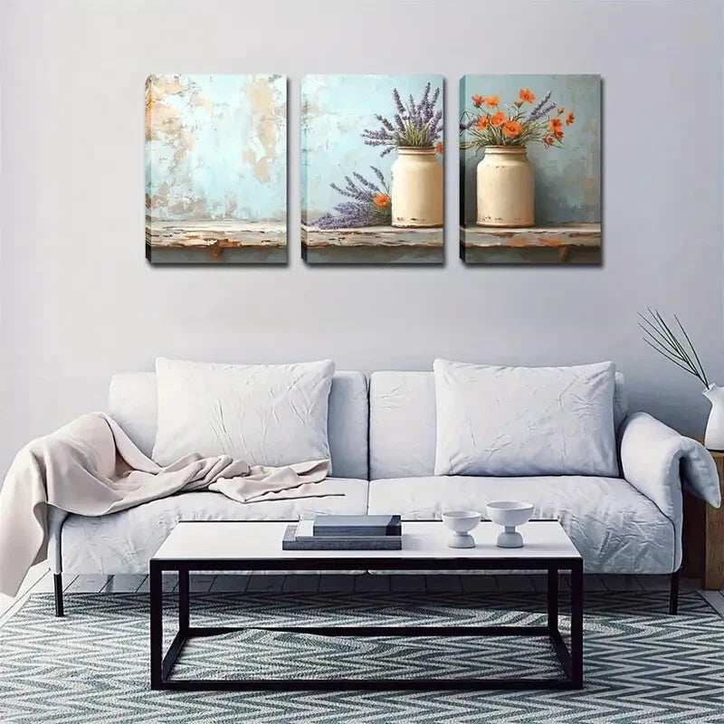 3pcs White Pots Lavender & Orange Flower Perfect Wall Art Set Canvas Framed 40x60cm - High Quality Print 100% Australian Made Wall Canvas Ready to Hang