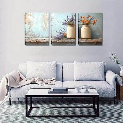 3pcs White Pots Lavender & Orange Flower Perfect Wall Art Set Canvas Framed 40x60cm - High Quality Print 100% Australian Made Wall Canvas Ready to Hang