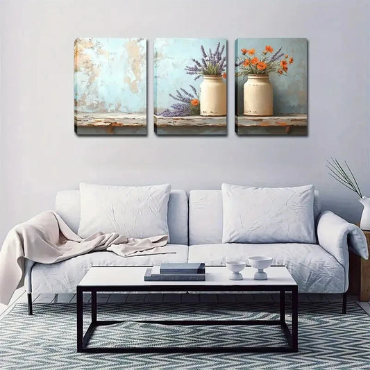3pcs White Pots Lavender & Orange Flower Perfect Wall Art Set Canvas Framed 40x60cm - High Quality Print 100% Australian Made Wall Canvas Ready to Hang