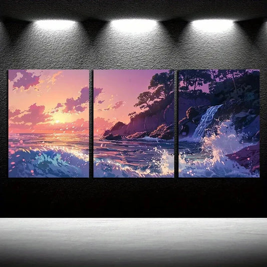 3pcs Vibrant Ocean Sunset Waves Seascape Metal Print Ready to Hang Art