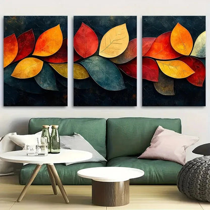 3pcs Vibrant Autumn Leaf Abstract Metal Print Ready to Hang Art