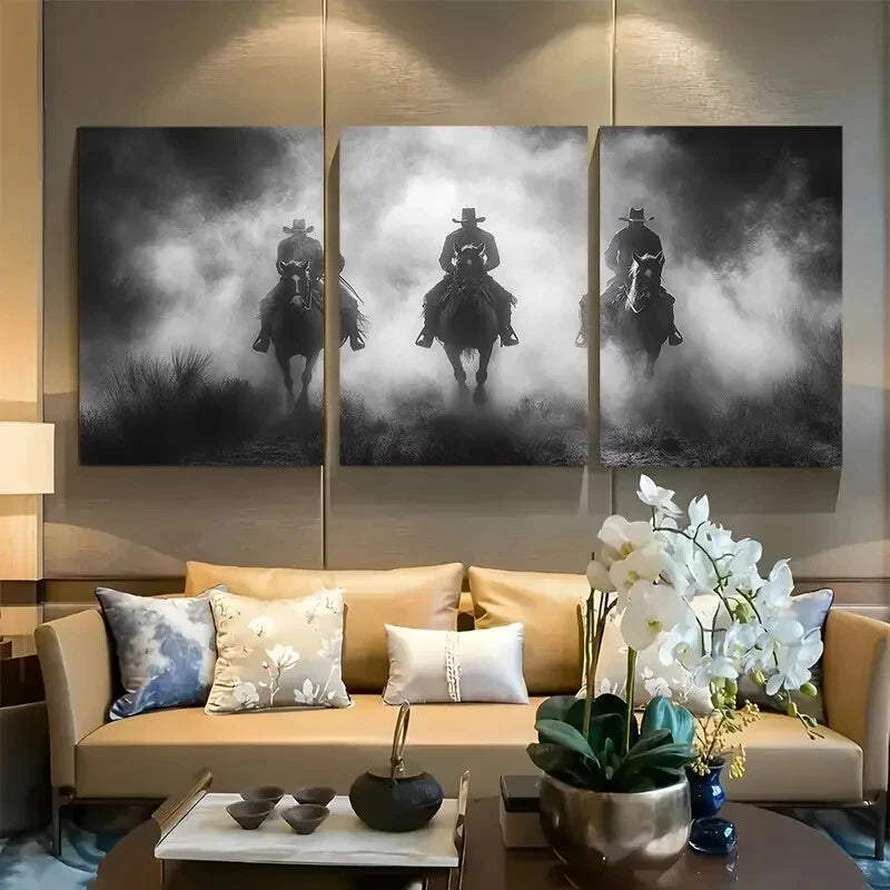 3pcs Cowboys on Horseback Black and White Design Metal Print Ready to Hang Art