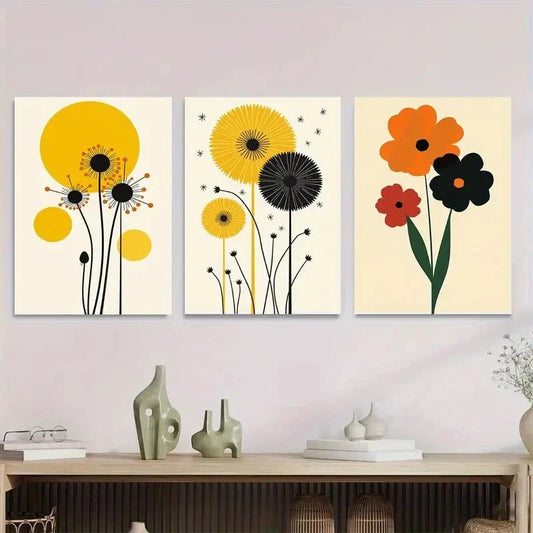 3pcs Vibrant Yellow, Orange & Red Botanical Metal Print Ready to Hang Art