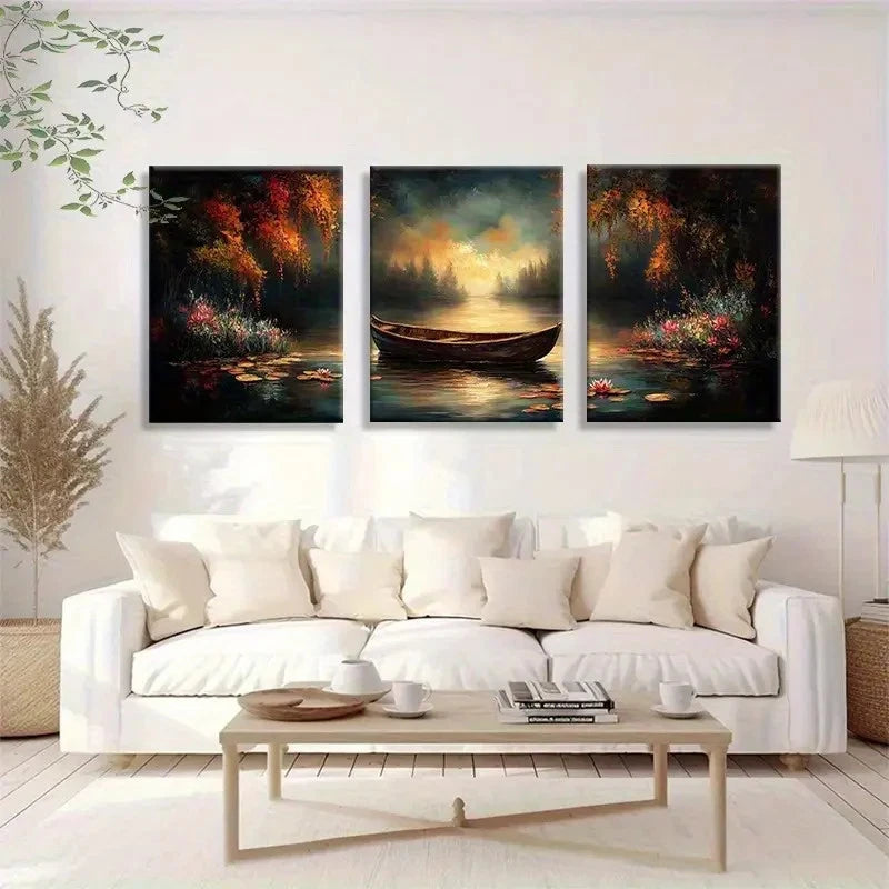 3pcs Vintage Autumn River Boat Sunset Scenery Metal Print Ready to Hang Art