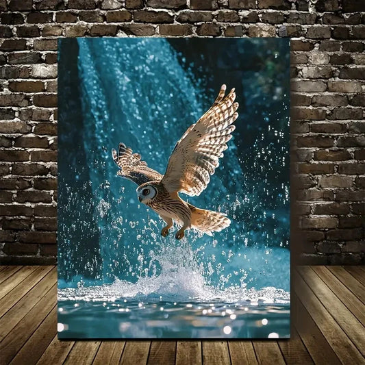 Stunning Owl Splashing in Waterfall Scene Painting 40x60cm Metal Print Ready to Hang