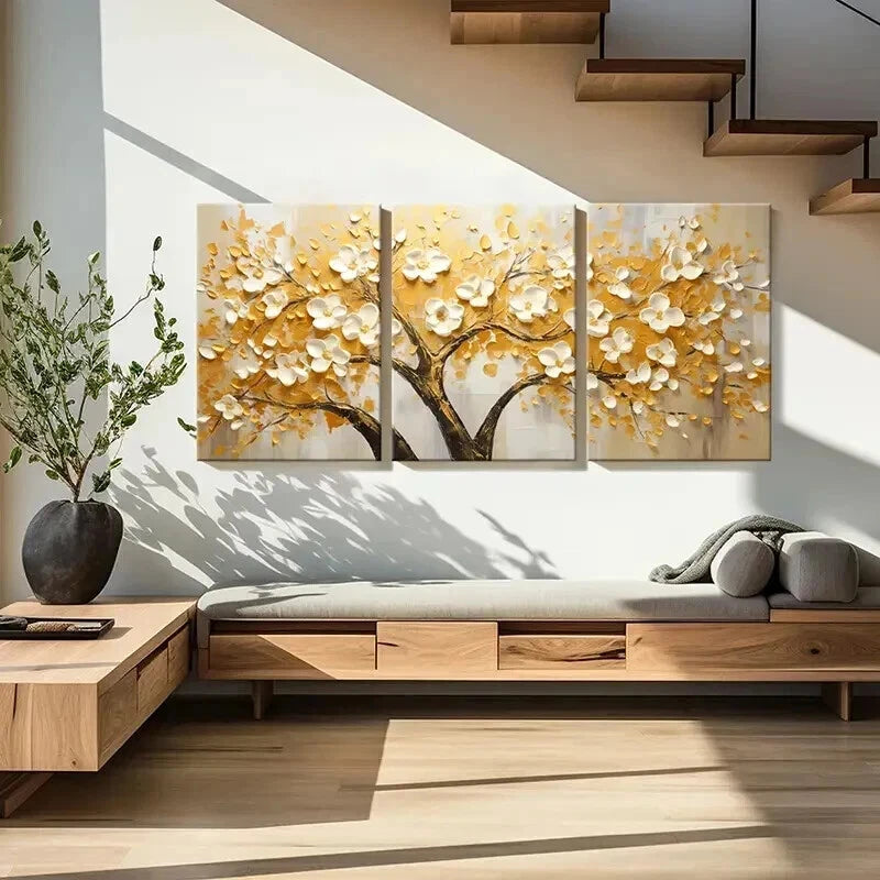 3pcs Abstract Golden Leaf White Flowers Wall Art Set Canvas Framed 40x60cm - High Quality Print 100% Australian Made Wall Canvas Ready to Hang