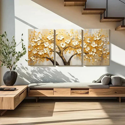 3pcs Abstract Golden Leaf White Flowers Wall Art Set Canvas Framed 40x60cm - High Quality Print 100% Australian Made Wall Canvas Ready to Hang