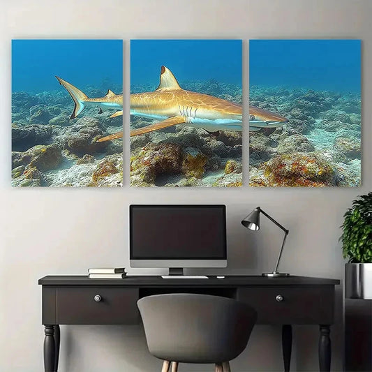 3pcs Sharks Swimming Through Coral Reef Design Metal Print Ready to Hang Art