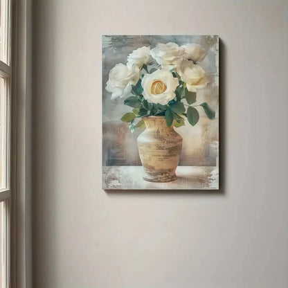 Beautiful White Roses In Rustic Vase Elegant Floral 40x60cm Metal Print Ready to Hang