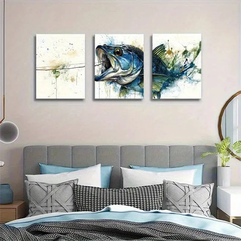 3pcs Artistic Fishery Theme Painting Metal Print Ready to Hang Art