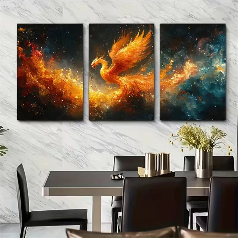 3pcs Phoenix Oil Painting Metal Print Ready to Hang Art