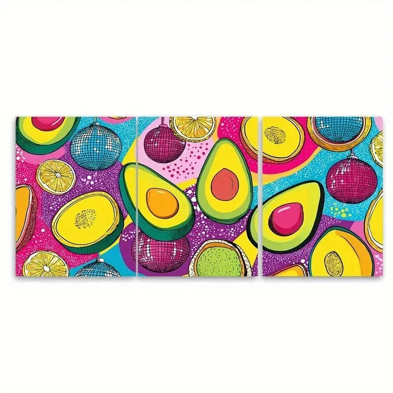 3pcs Vibrant Disco Ball Avocado Funky Fruit Metal Print Ready to Hang Art