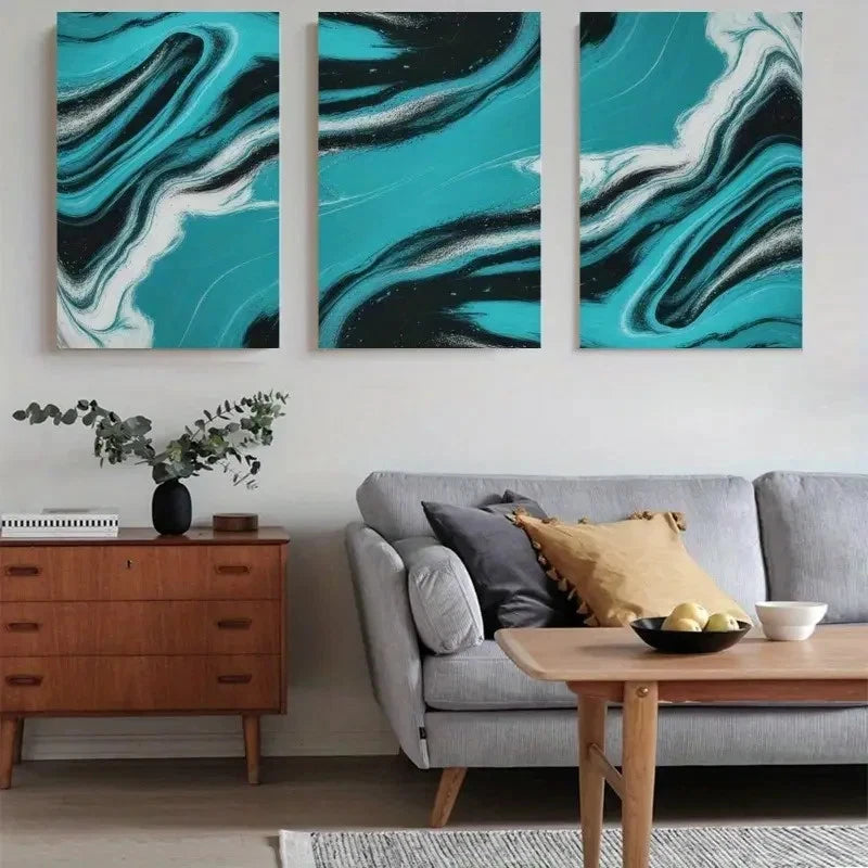 3pcs Blue Splash Abstract Waves Painting Metal Print Ready to Hang Art