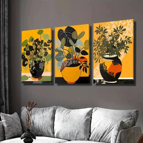 3pcs Green Leaves Plant Pot Painting Wall Art Set Canvas Unframed - High Quality Print 100% Australian Made Wall Canvas