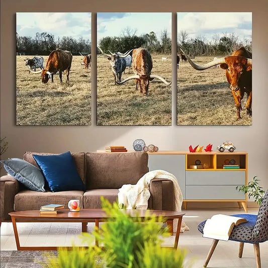 3pcs Texas Longhorns Western Cattle Farm Scene Metal Print Ready to Hang Art
