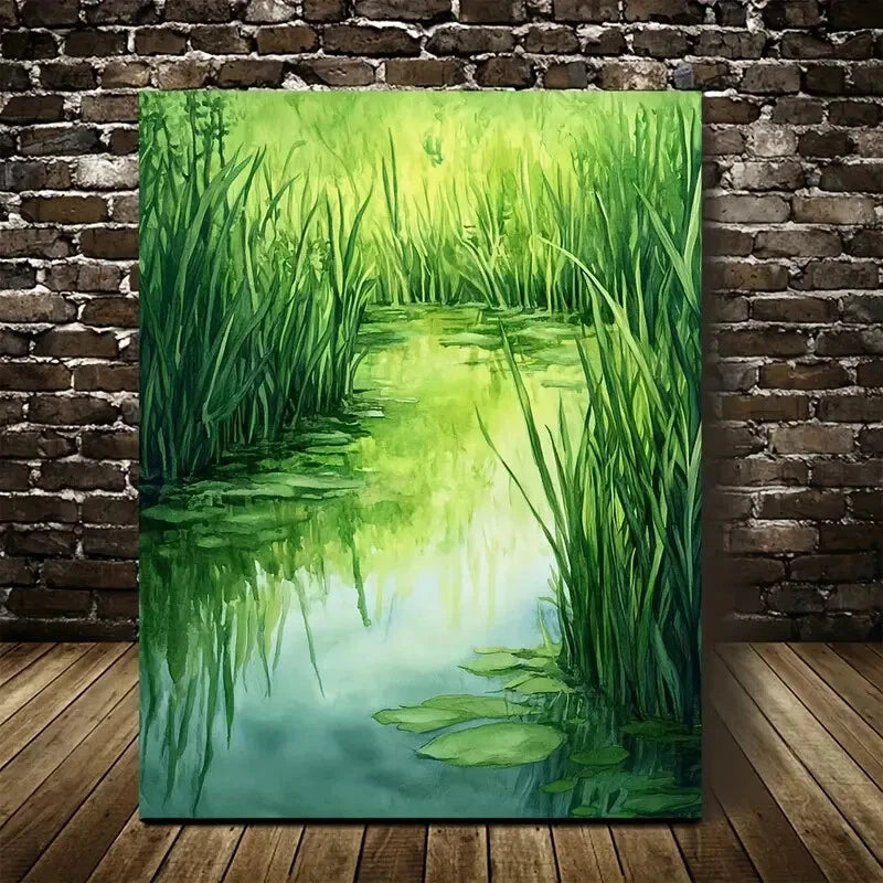 Green Water Grass Meadow Painting 40x60cm Metal Print Ready to Hang