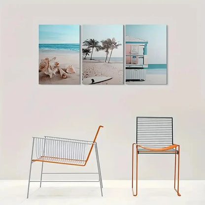 3pcs Palm Trees Seashells & Surfboard Wall Art Set Canvas Framed 60x90cm - High Quality Print 100% Australian Made Wall Canvas Ready to Hang