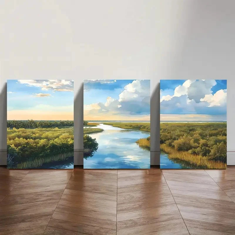 3pcs Serene River and Swamp Scenes Metal Print Ready to Hang Art
