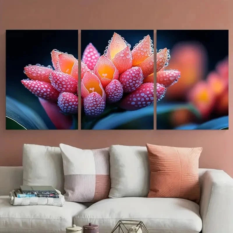 3pcs Pink Red Yellow Exotic Flower Design Metal Print Ready to Hang Art