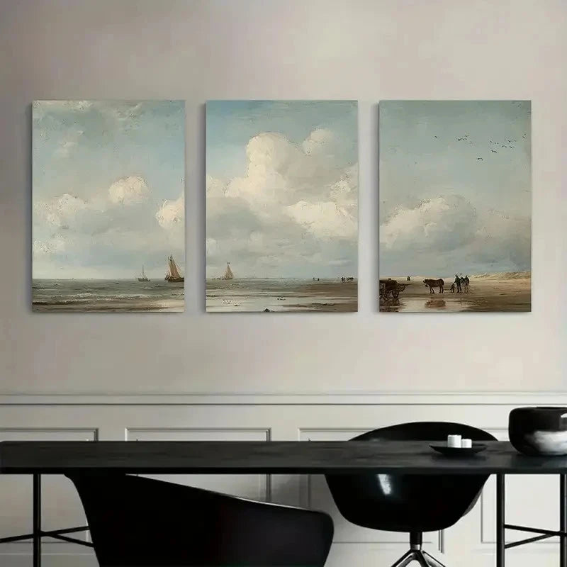 3pcs Dutch Coast with Fishing Boats Paintings Metal Print Ready to Hang Art
