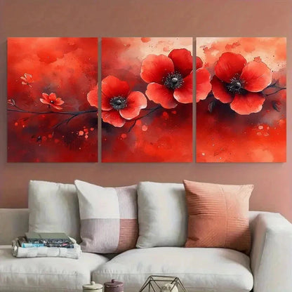 3pcs Vibrant Red Floral Textured Illustration Metal Print Ready to Hang Art