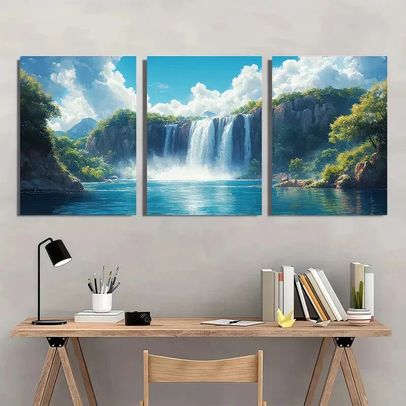 3pcs Waterfall Painting Print Art Nature Metal Print Ready to Hang Art