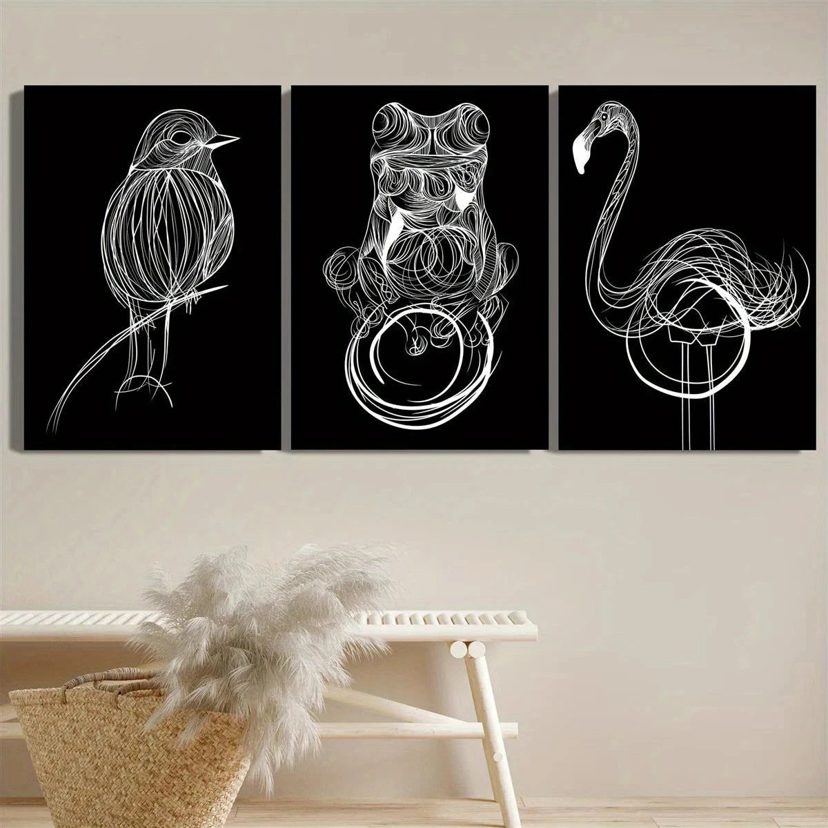 3pcs Line Drawing Bird Frog Flamingo Metal Print Ready to Hang Art