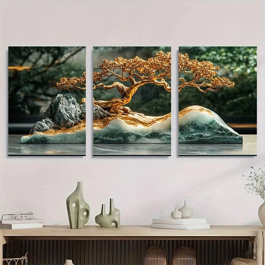 3pcs Golden Bonsai Tree Modern Abstract Metal Print Ready to Hang Art