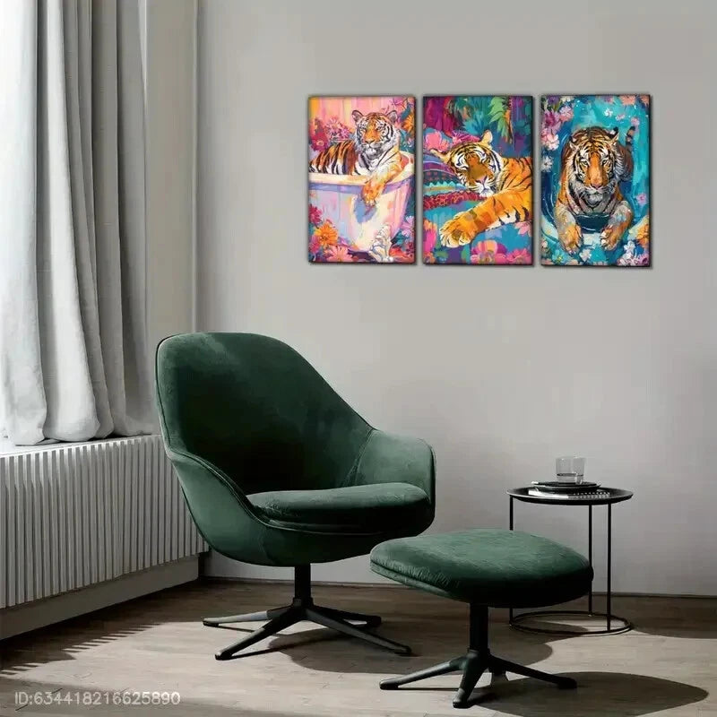 3pcs Tiger in the Bathtub Floral Art Animal Metal Print Ready to Hang Art