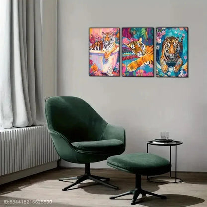 3pcs Tiger in the Bathtub Floral Art Animal Metal Print Ready to Hang Art