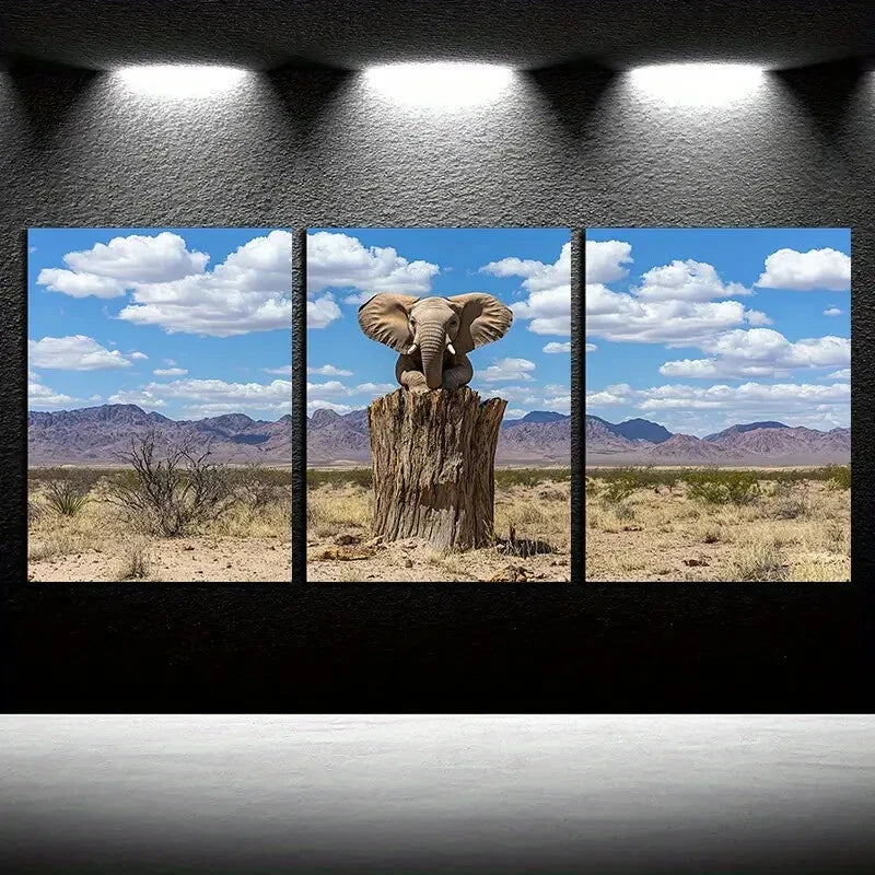 3pcs Elephant on Tree Trunk Illustration Metal Print Ready to Hang Art